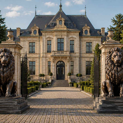 Featured sculpture collection displayed at a luxury estate entrance with classical lion statues