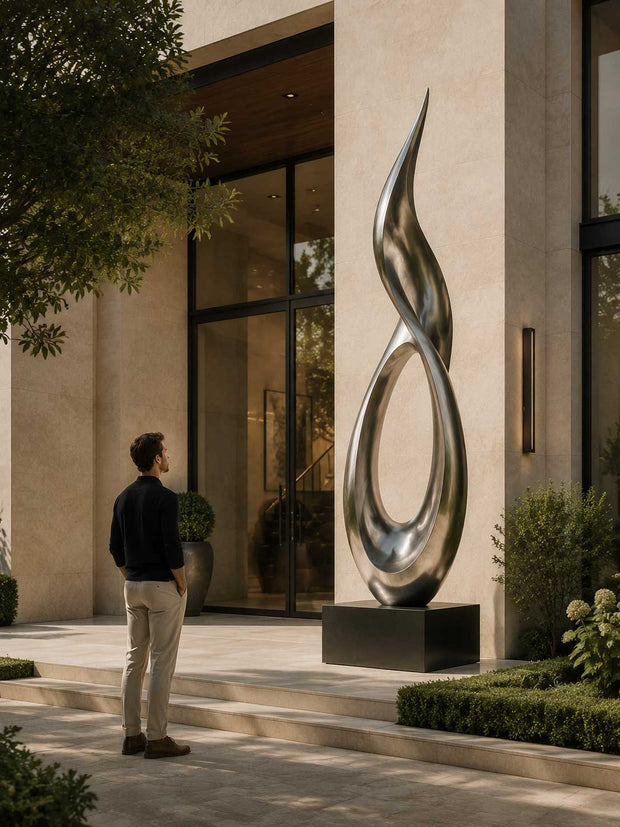 Luxury entrance with a large contemporary sculpture showing proper scale and proportion within an architectural space