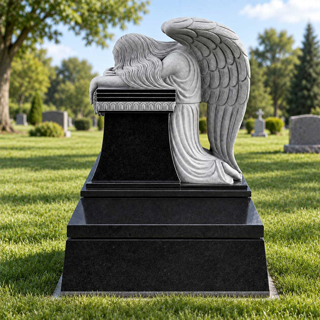 Weeping angel headstone in black granite shown in a cemetery setting