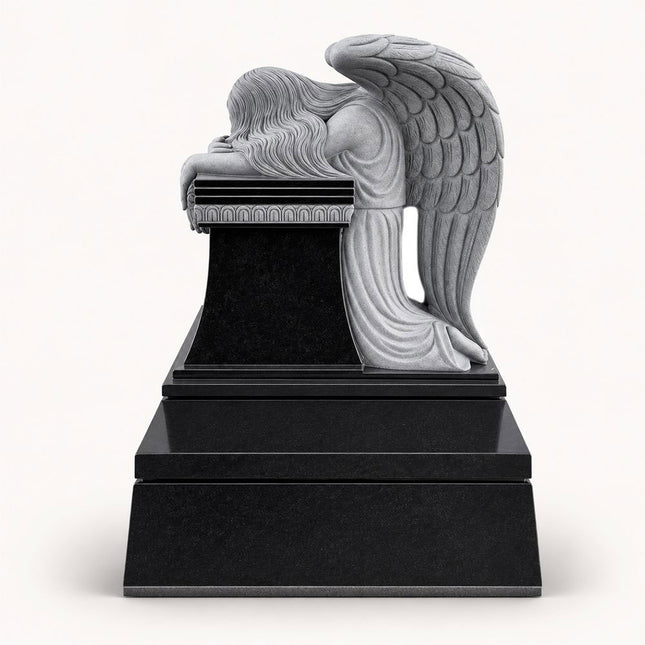 Front view of weeping angel headstone with carved wings and black granite monument