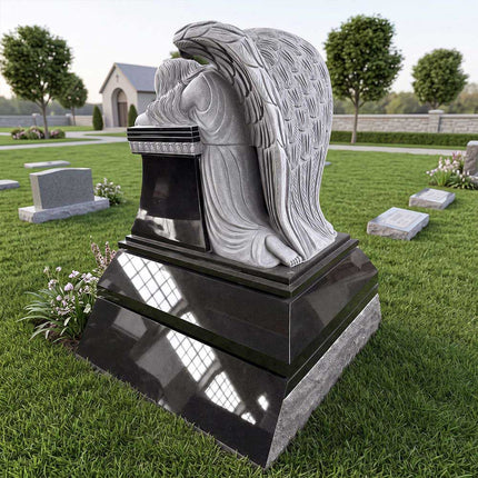 Black granite angel headstone with sculpted weeping angel in a cemetery