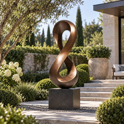 Abstract bronze sculpture displayed in a contemporary residential garden