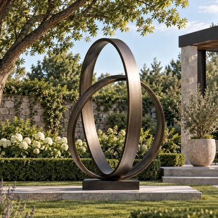 Abstract bronze ring sculpture displayed in a landscaped modern garden