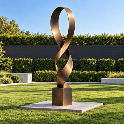 Tall abstract bronze garden sculpture with a twisting ribbon form displayed on a stone platform in a private backyard