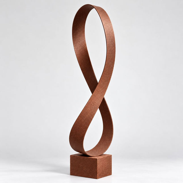 Abstract bronze infinity ribbon sculpture with elongated figure-eight loops and a square base against a neutral background.