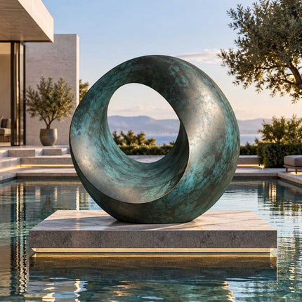 Abstract bronze sculpture with an open circular form displayed on a pool platform
