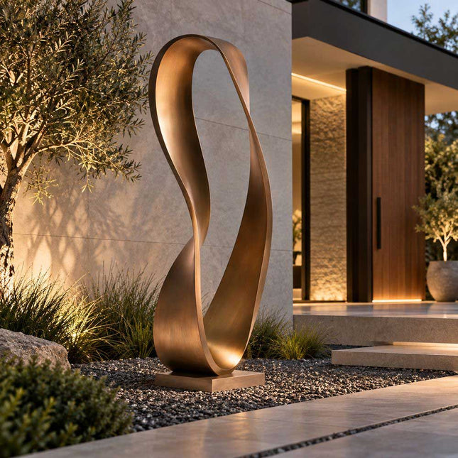 Abstract bronze ribbon sculpture with a flowing loop in a modern outdoor garden