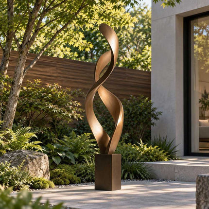 Abstract bronze sculpture with double twisting ribbons in a modern garden