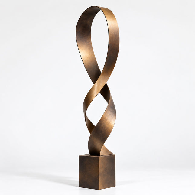 Abstract bronze ribbon sculpture with a continuous twisting form, elongated open loop, and square bronze base on a white background