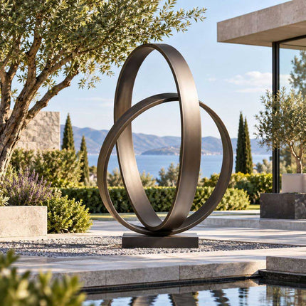 Abstract bronze sculpture with interlocking ring forms in a modern courtyard
