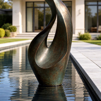 Close-up of the deep concave lower form of an abstract bronze sculpture