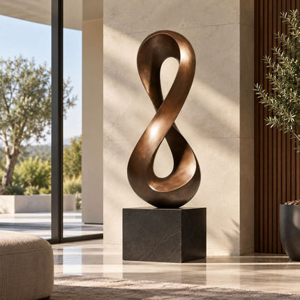 Abstract bronze sculpture with a continuous loop form in a modern interior
