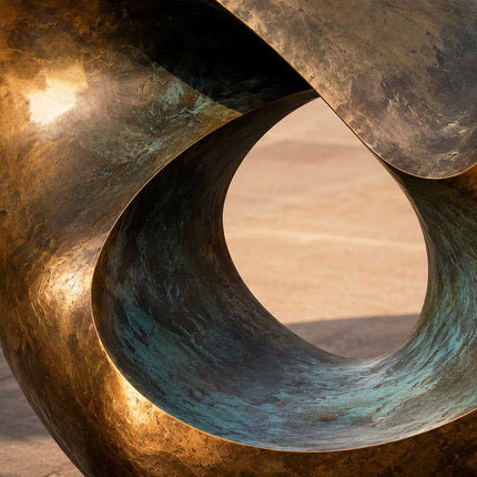 Detail view of curved bronze sculpture form and open space design