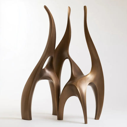 Abstract bronze sculpture with three rising curved forms and multiple open arches