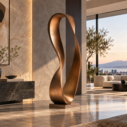 Abstract bronze sculpture with a flowing ribbon form in a contemporary interior