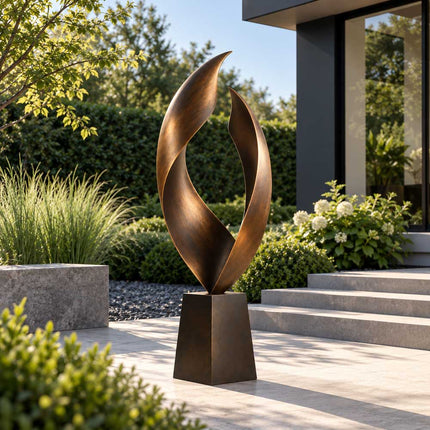 Modern bronze sculpture with twin flowing curved forms and an open center