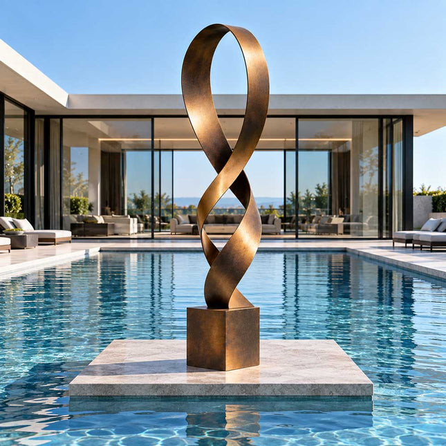 Abstract bronze ribbon sculpture displayed on a raised stone island in the center of a modern residential swimming pool