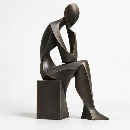 Abstract bronze sculpture of a seated figure with a lowered head and geometric body forms against a plain background.