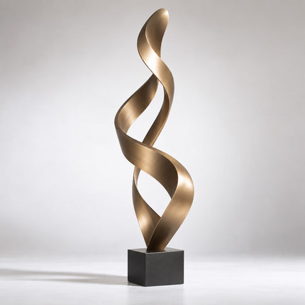 Abstract bronze sculpture with a twisting ribbon form and two openings on a dark rectangular base