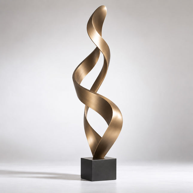 Abstract bronze sculpture with a twisting ribbon form and two openings on a dark rectangular base