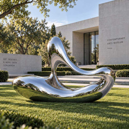 Large mirror-polished abstract sculpture displayed on the lawn outside a contemporary art museum.
