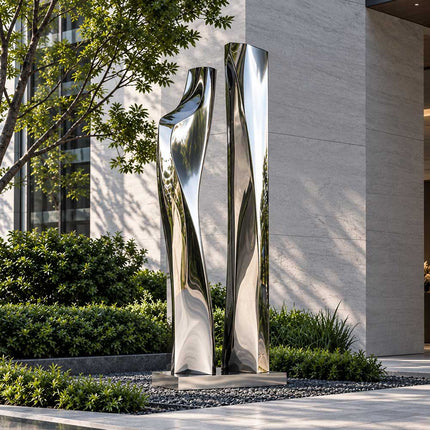 Abstract mirror polished stainless steel sculpture in a landscaped modern garden