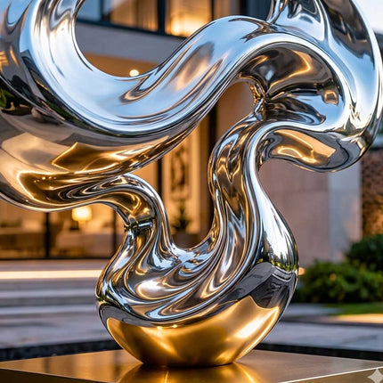 Close-up view of fluid abstract sculpture form and handcrafted stainless steel finish