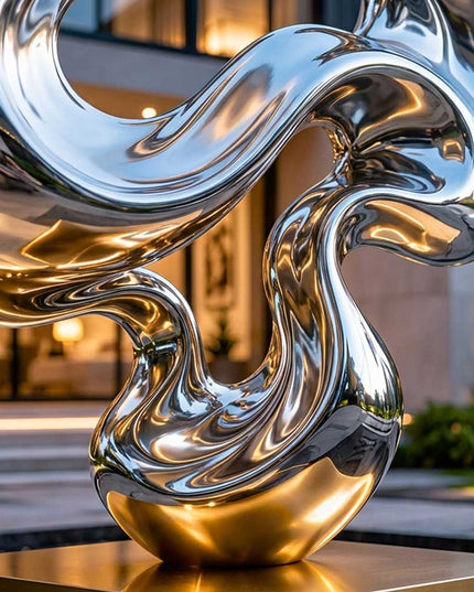 Close-up view of fluid abstract sculpture form and handcrafted stainless steel finish
