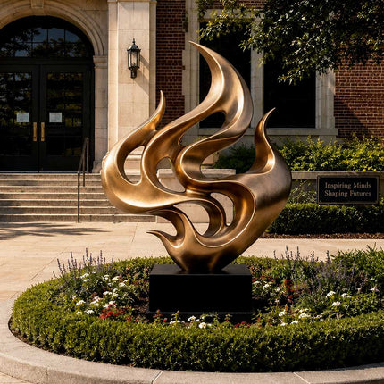 Bronze abstract sculpture displayed in a landscaped garden near a building entrance