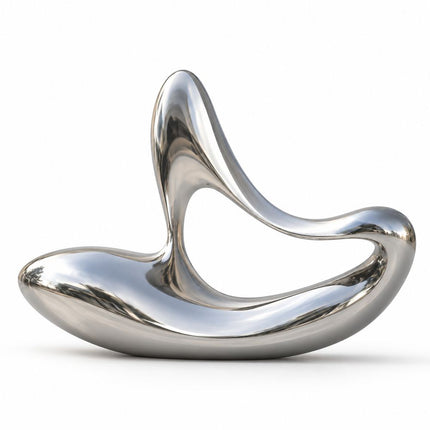 Mirror-polished abstract stainless steel sculpture with a broad flowing base, raised curved crest, and open center on a white background.