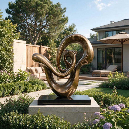Bronze-tone stainless steel sculpture with flowing organic curves displayed in a landscaped residential courtyard.