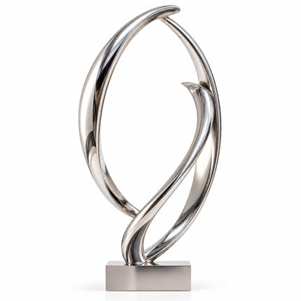 Mirror polished stainless steel abstract loop sculpture with intertwining curves and a rectangular metal base on a white background