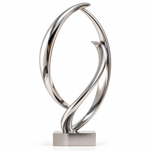 Mirror polished stainless steel abstract loop sculpture with intertwining curves and a rectangular metal base on a white background