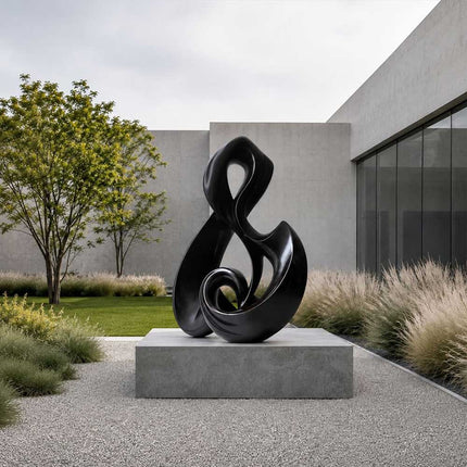 Abstract stainless steel sculpture installed in an architectural landscape