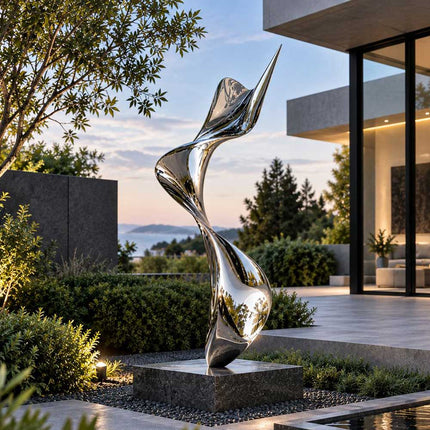 Abstract mirror polished stainless steel sculpture displayed in a dedicated gravel area beside a modern home