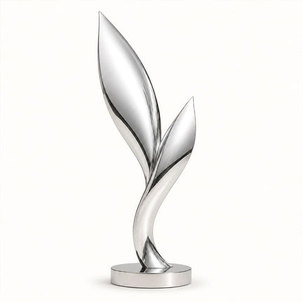 Abstract stainless steel sculpture with two rising leaf-inspired forms and mirror polished finish