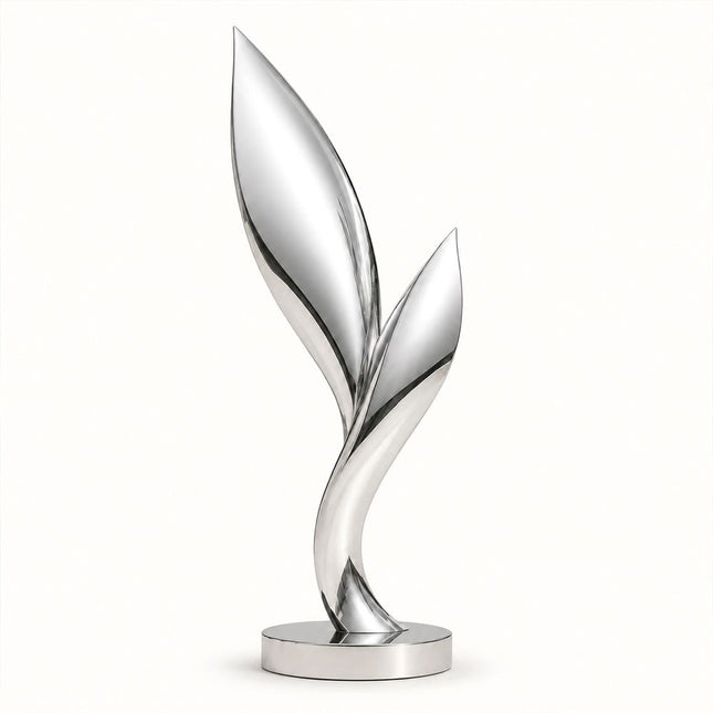 Abstract stainless steel sculpture with two rising leaf-inspired forms and mirror polished finish