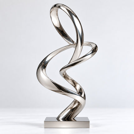 Mirror-polished abstract stainless steel sculpture with twisting open loops and a rectangular base