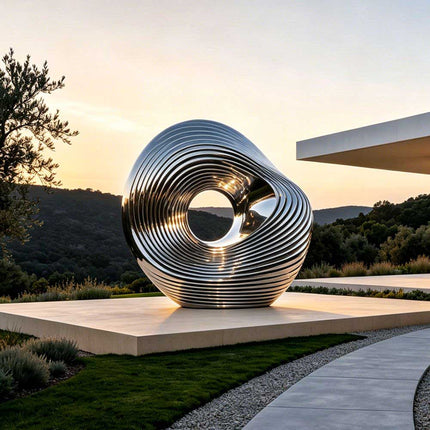 Abstract stainless steel sculpture with flowing circular form and mirror polished finish