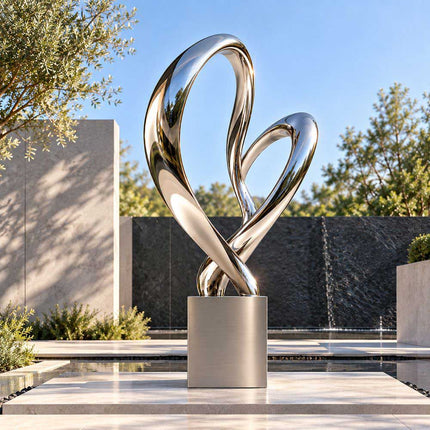 Abstract stainless steel sculpture with interlocking loops displayed in a modern architectural landscape
