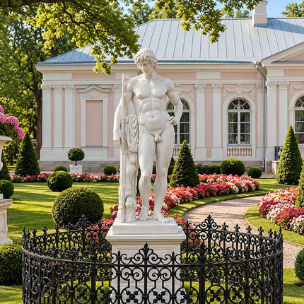 Adonis marble statue displayed as a focal point in a formal estate garden