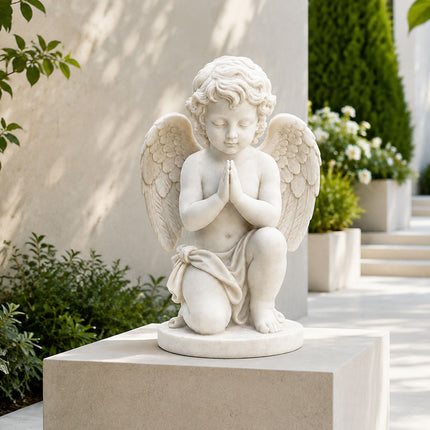 Kneeling white marble angel sculpture shown in an outdoor architectural garden space