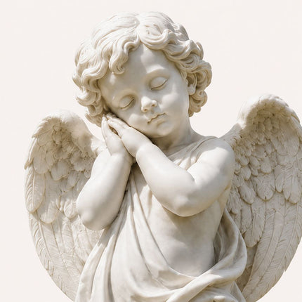 Marble angel statue detail showing closed eyes, folded hands, and carved wings