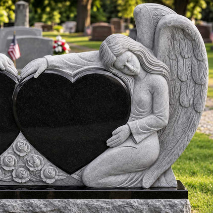 Carved angel and feathered wing beside a heart-shaped black granite memorial panel