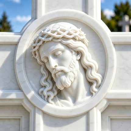 Close-up of the white marble Jesus relief wearing a crown of thorns at the center of the memorial cross