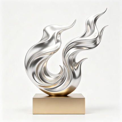 Ascending form abstract stainless steel sculpture with satin polished finish displayed on an integrated base