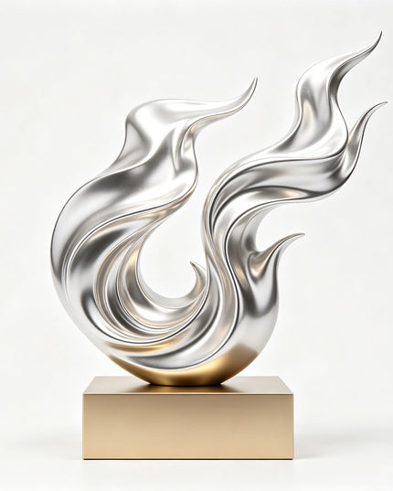 Ascending form abstract stainless steel sculpture with satin polished finish displayed on an integrated base