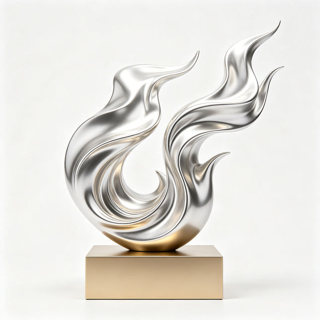 Ascending form abstract stainless steel sculpture with satin polished finish displayed on an integrated base