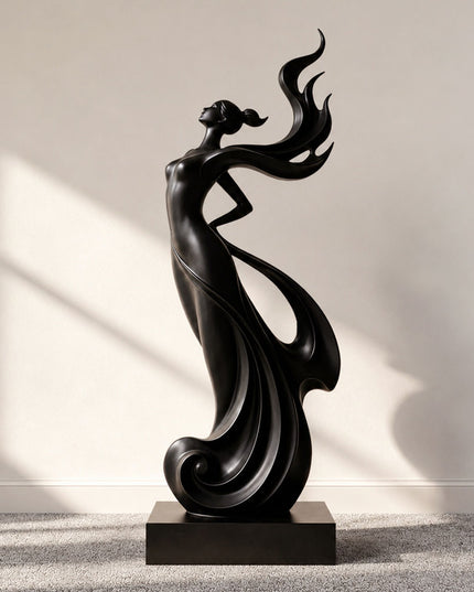 Black abstract figure sculpture crafted from stainless steel with flowing sculptural curves