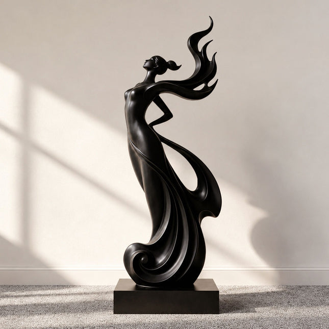 Black abstract figure sculpture crafted from stainless steel with flowing sculptural curves